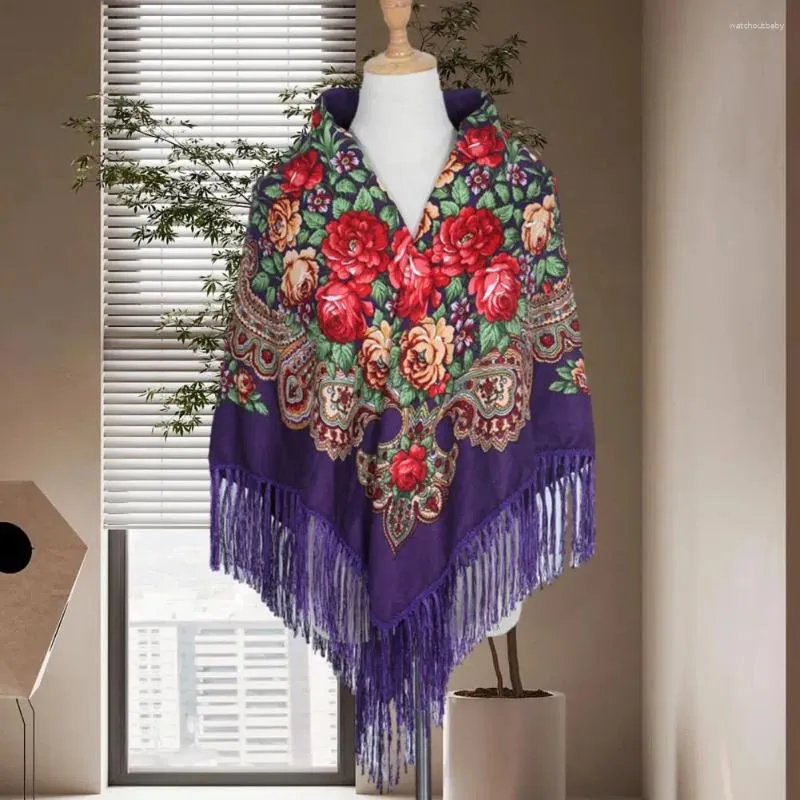 Scarves Square Shawl Retro Floral Scarf Ethnic Style With Tassel Flower Print Autumn Winter Warm For Wedding