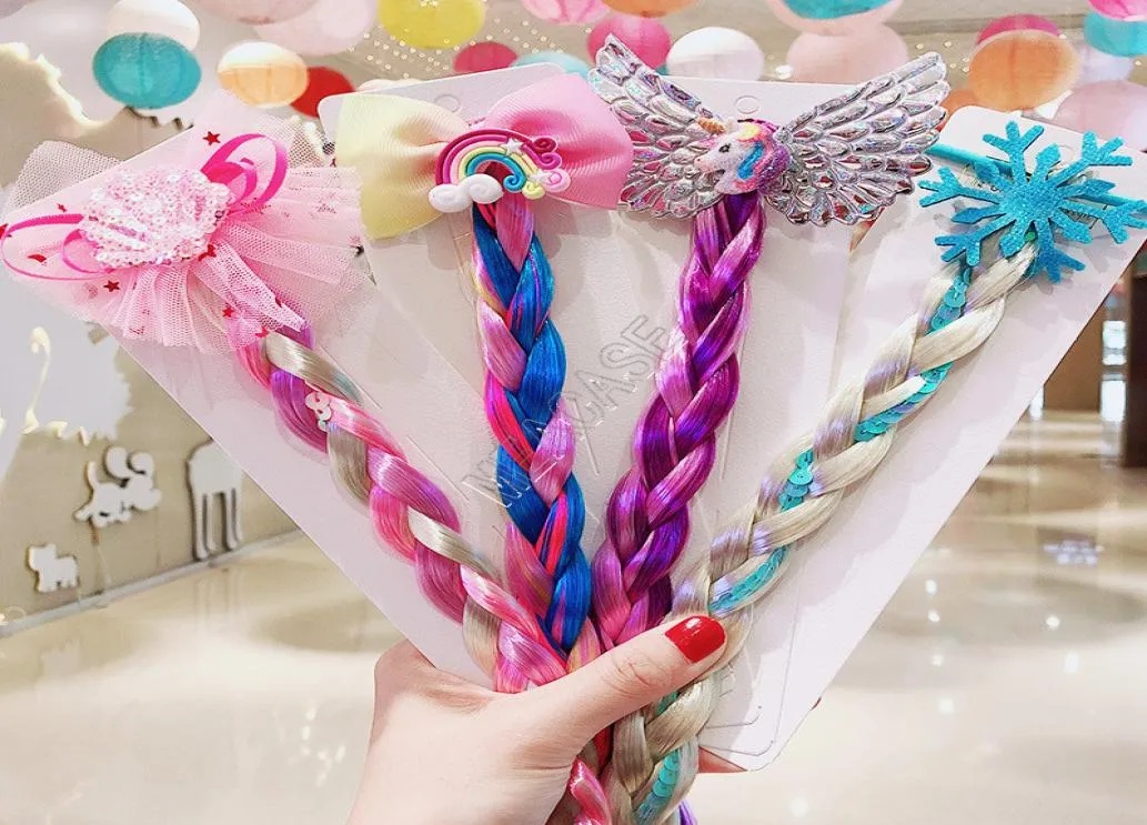 Girls Unicorn Cartoon Hair Band Rings Färgglada flätor Wig Sequined Glitter Braid Wigs Ponytail Holder Circles Cosplay Princess Hai6056334