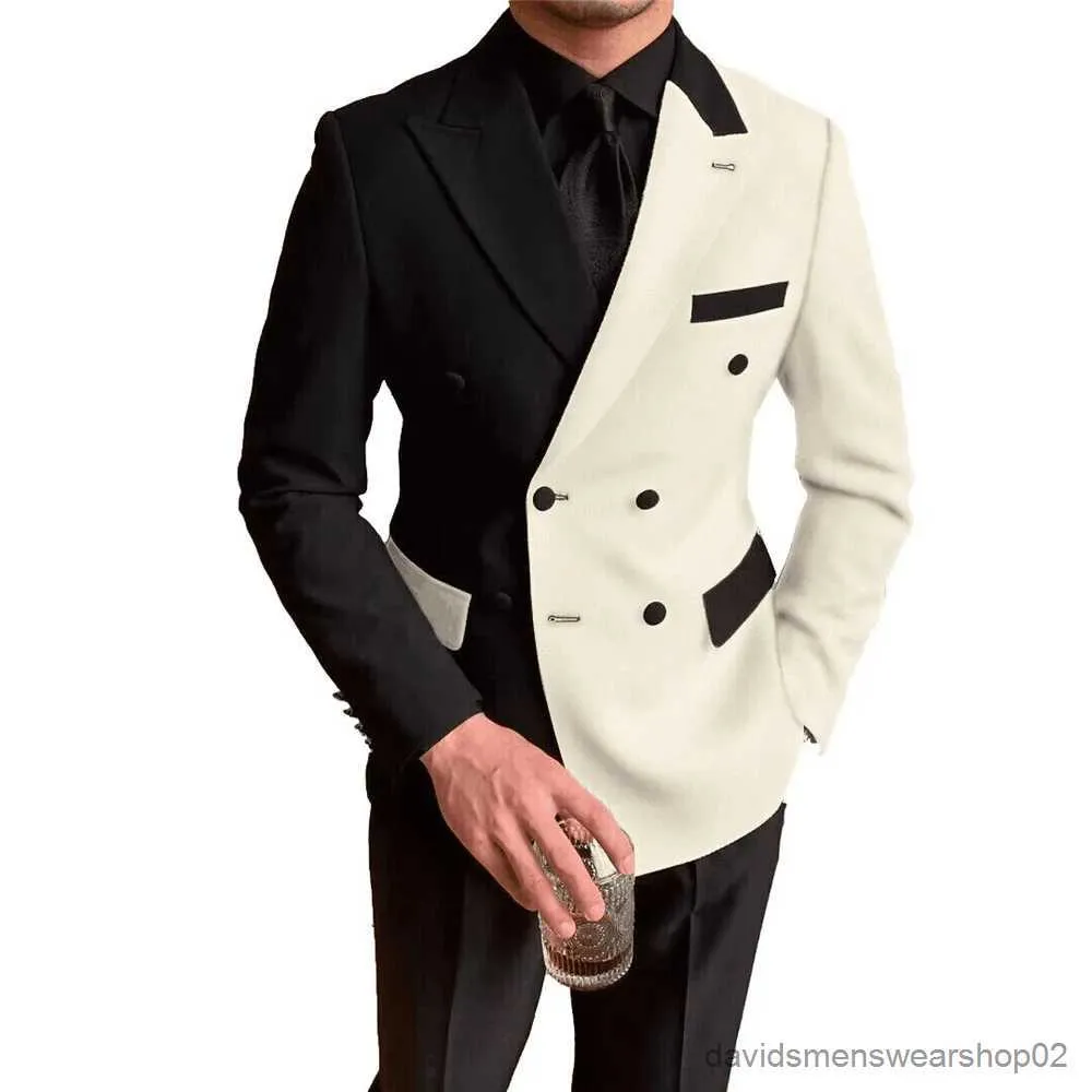 Men's Suits Blazers Slim Fit Black and White Men Suits For Wedding 2 Piece (Blazer+Pants) Peak Lapel Formal Business Groom Wear Tuxedo Costume Homme