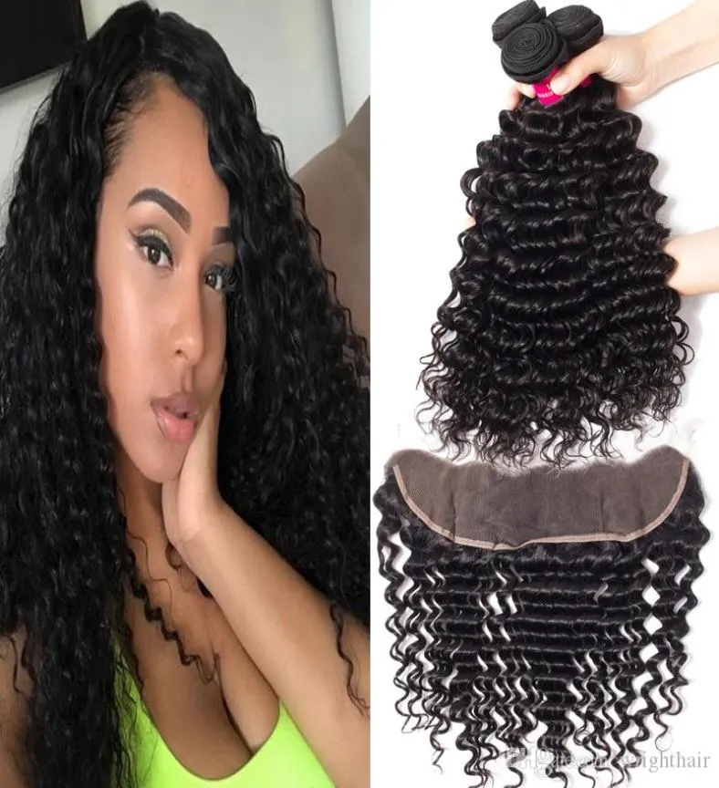 9A Bundles de cheveux humains brésiliens avec fermeture vague profonde crépus bouclés vague lâche vague de corps droite 3 paquets avec 13X4 oreille à oreille Lac5234677