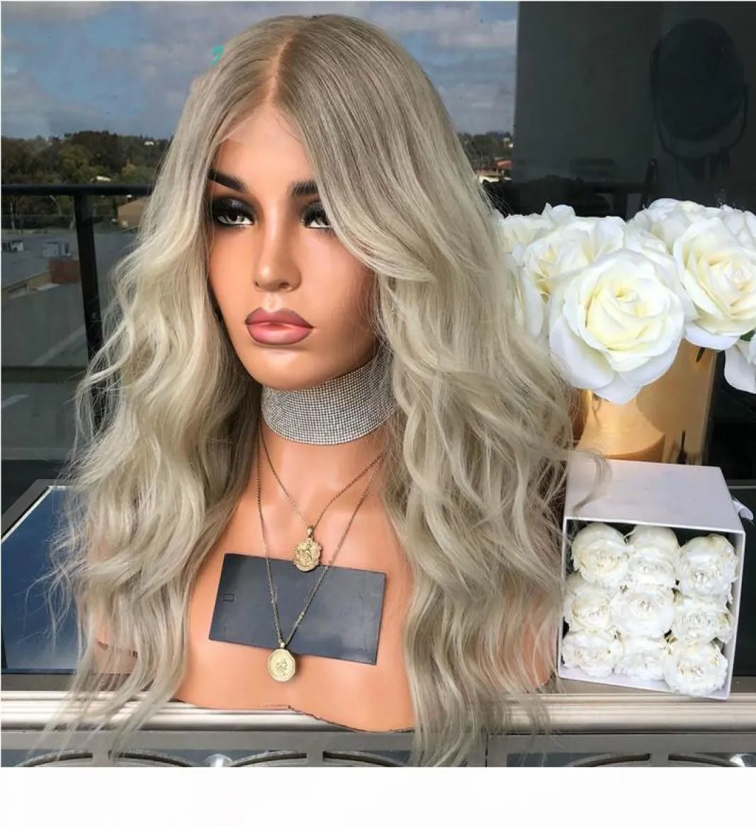 Perruques de cheveux humains blonds gris clair 13x6 perruque avant en dentelle partie longue profonde vague d'eau Remy cheveux sans colle perruque 150 1806884453