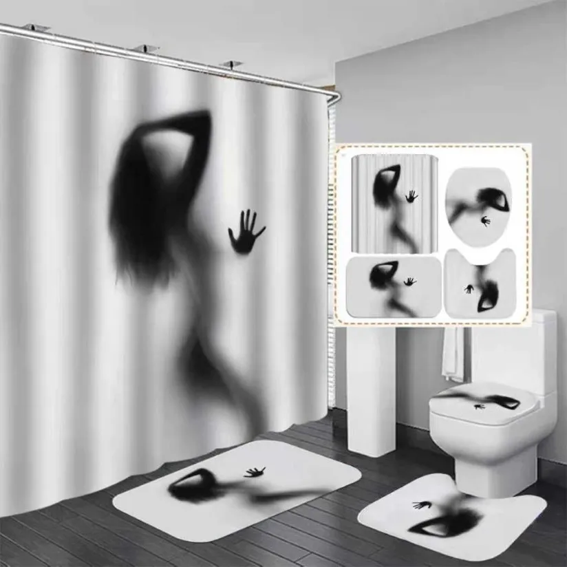 Nude Women Shadow Presh Curtain z haczykiem seksowna dziewczyna zestaw łazienkowy bez poślizgu dywan toaleta pokrowca na podkładkę do wystroju domu 210609217L