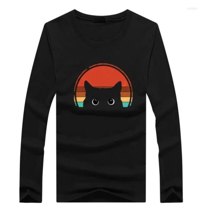 Men039s camisetas primavera outono gato preto espreitando pôr do sol tripulação pescoço manga longa camisa de grandes dimensões para homens algodão tshirt casual top8146817