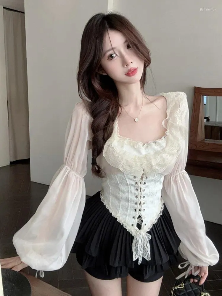 Women's Blouses Korejepo Niche Sexy Lace Shirt Waistband Lantern Sleeves Irregular Slim Fit Shirts Top 2024 Gentle Princess Casual