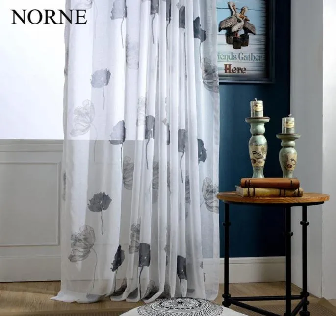 Norne cortinas modernas de tule para sala de estar, quarto, cozinha, cortinas transparentes com estampa de folhas de lótus Blin958876760