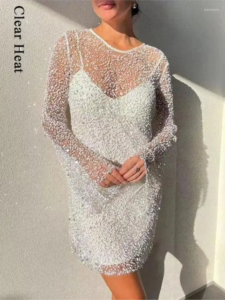Save Big on Bulk White Sequin Evening Dress Casual Dresses White Elegant  Sequins Pearls Mini Dress Women Sexy Long Sleeve Bodycon Mesh 2024 Autumn 