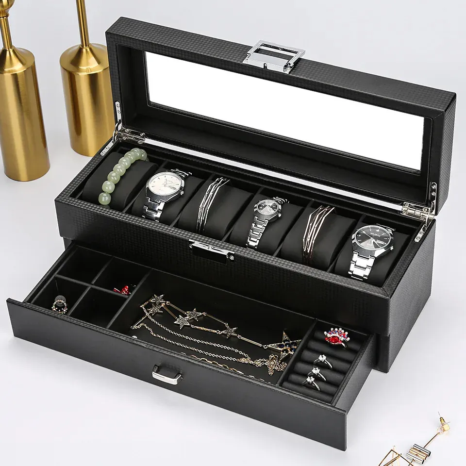 Luxury Watch Box Carbon Fiber Case Casket Wooden Display Box Watches Organizer Black Cabinet Double Layer Jewelry Storage Box 240122