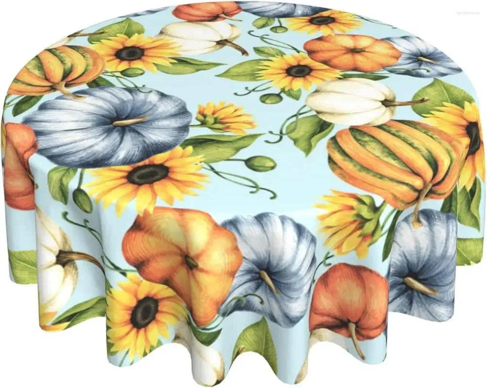 Toalha de mesa de ação de graças redonda 60 polegadas outono colheita laranja azul branco abóbora outono cerceta fundo sazonal feriado decorativo