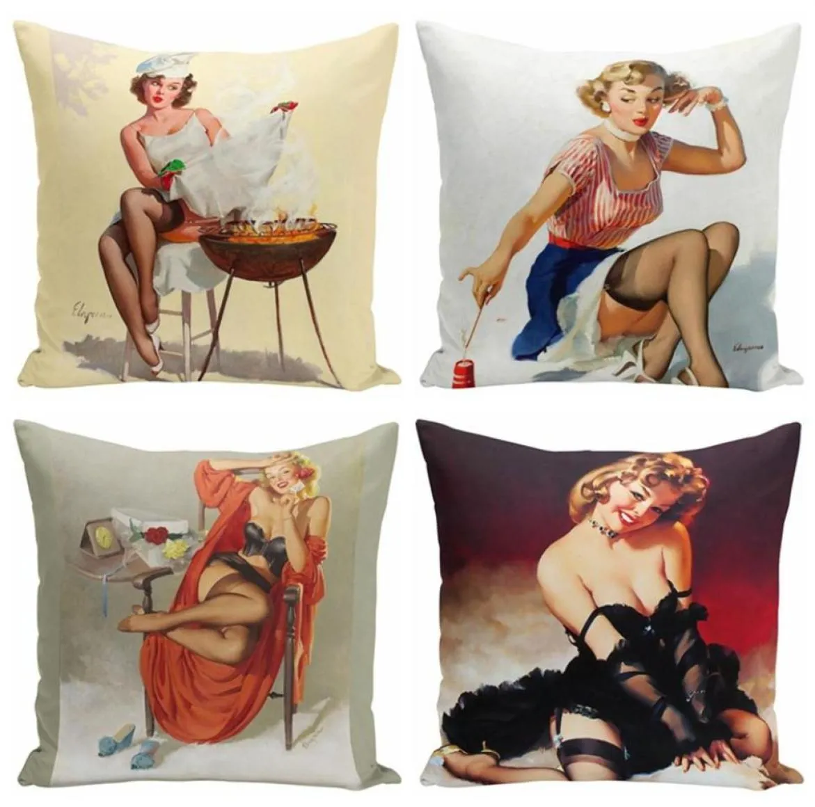 Sexig Lady Pinup Girl Poster Print Cushion Cover Modern Home Decorative Lint Pillow Case Vintage Car PillowsLip Set av 423403865010