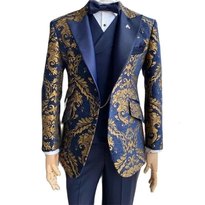 Szmanlizi Senaste design Reting Navy Blue Gold Floral Blazer Men Suits 3 Piece Groom Tuxedos For Wedding Custom Terno Masculino 240125