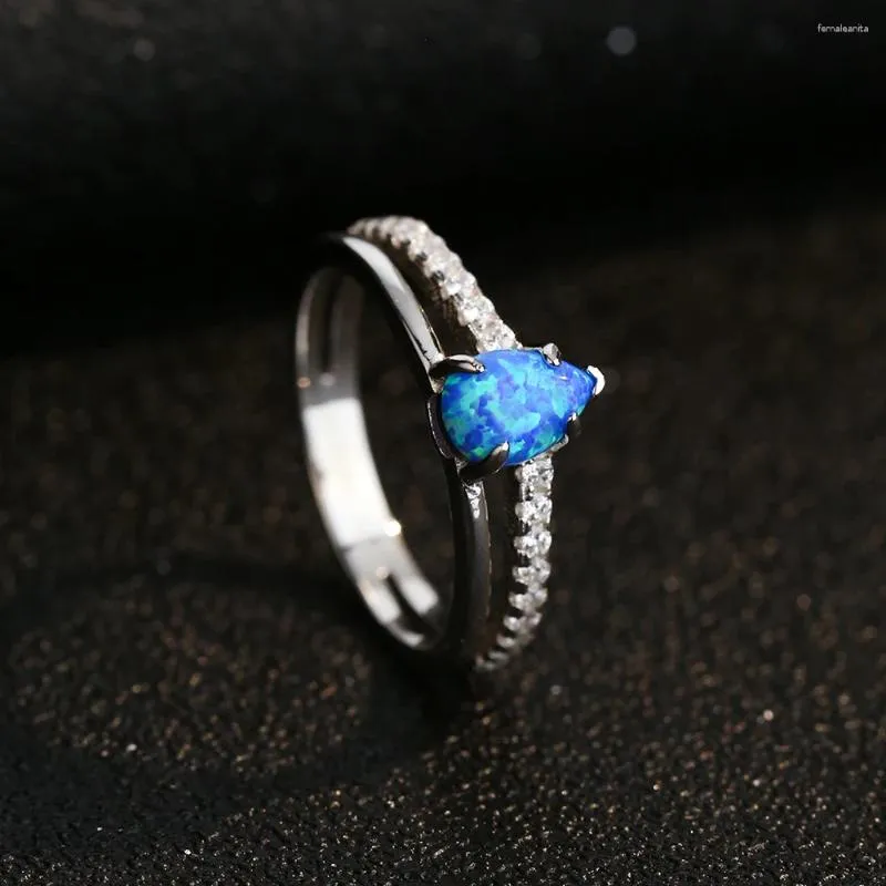 Cluster Rings S925 Silver Blue Opal Women Vintage Water Drop Gem Ring Female Platinum Plated Zircon Luxury Jewelry Girl Gift Lady Party