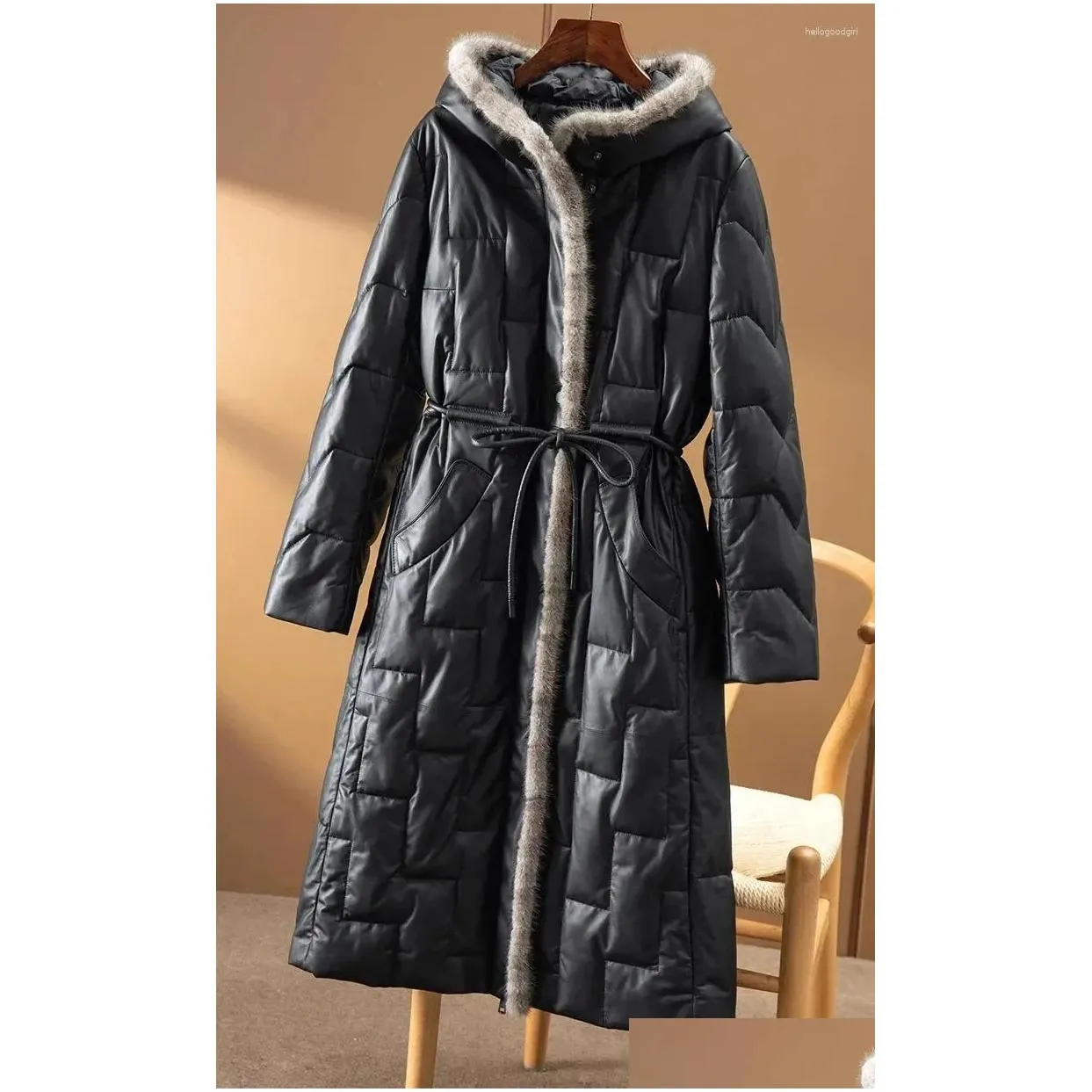 Femmes en cuir Faux 2024 Vestes d'hiver Femmes Manteaux à capuche Manteau Femme Long Véritable peau de mouton Slim Fit Mode Puffer Jacket Drop de Ot1It