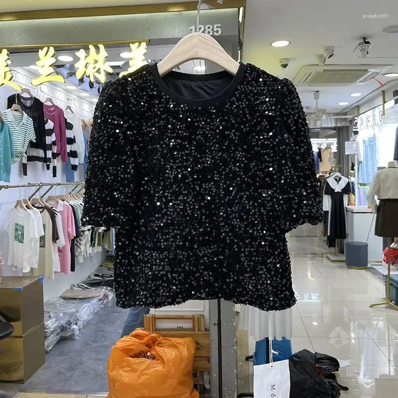 Женские футболки, укороченный топ Y2k, корейские футболки, одежда в стиле гранж, винтаж 2024, женские футболки с рисунком, сексуальные футболки с короткими рукавами и пайетками
