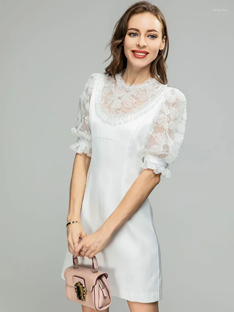 Party Dresses MoaaYina Fashion Runway Dress Summer Women White Flounces Collar Net Yarn Sequins Appliques Beading Lantern Sleeve