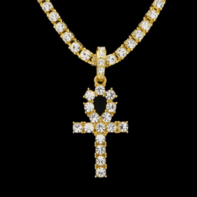 EGYPTIAN ANKH KEY Naszyjniki życia Męse Bling Crystal Cross Pendant Złoty Srebrny Łańcuch tenisowy dla kobiet Rapper Hip Hop Je3028