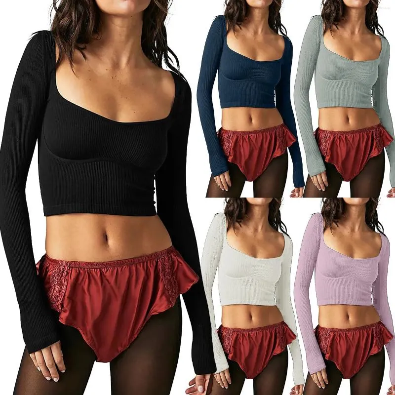 Camisetas para mujer Top a rayas cuello en U ajustado manga larga Color sólido revelador corto para mujer para capas tops 3x y 4x