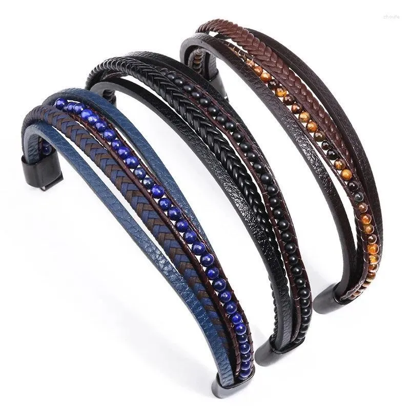 Bedelarmbanden Sieraden Handgeweven herenarmband Tijgeroog Natuursteen Roestvrij staal Lederen kralen Titanium armband Mannelijk