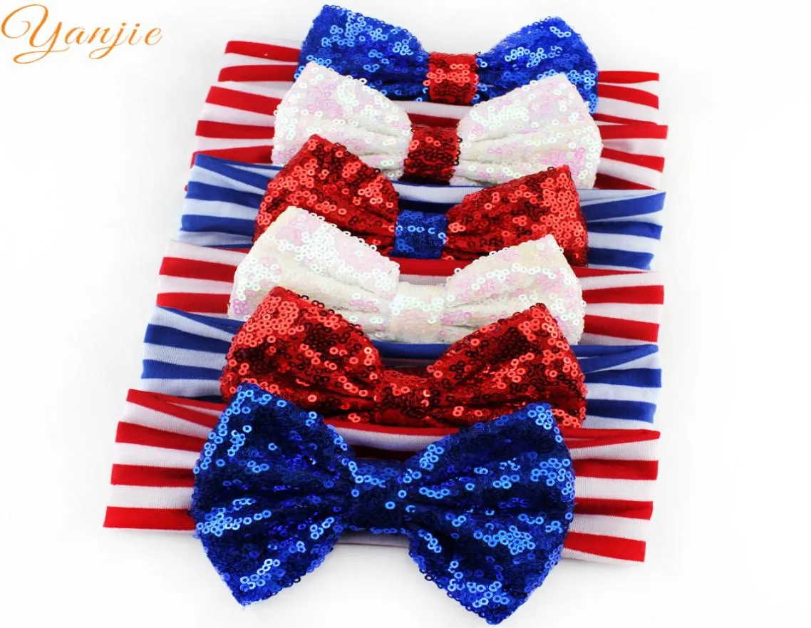 6pcs Lot Filles Et Enfants 4ème De Juillet Bandeaux Grand Paillettes Arc Rayé Bandeau 2017 Quatrième De Juillet Hairbow Accessoires De Cheveux2779047