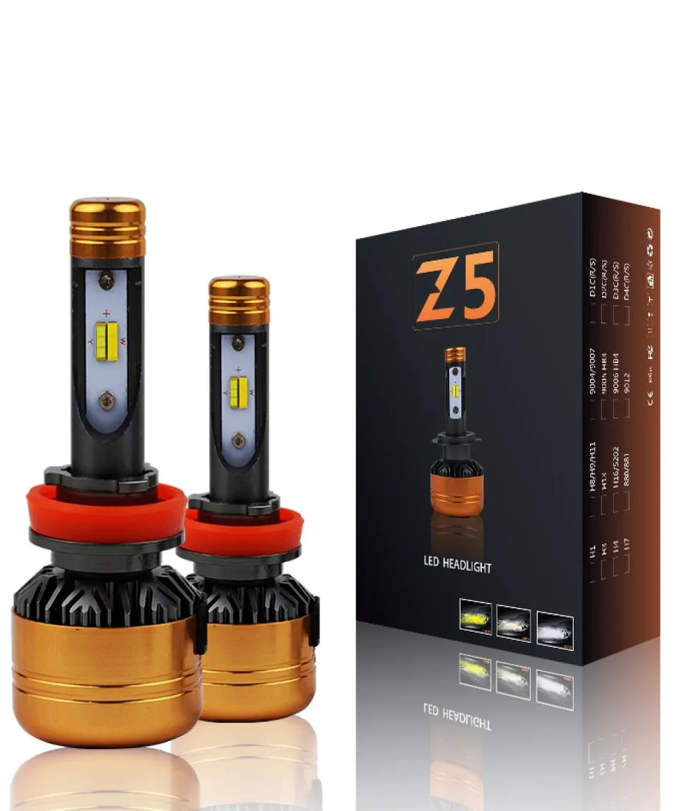 Por dhl z5 carro tricolor 3 cores led farol h1 h4 h7 hb3 hb4 flip chips 3000k 4300k 6000k switchback lâmpadas led9463943