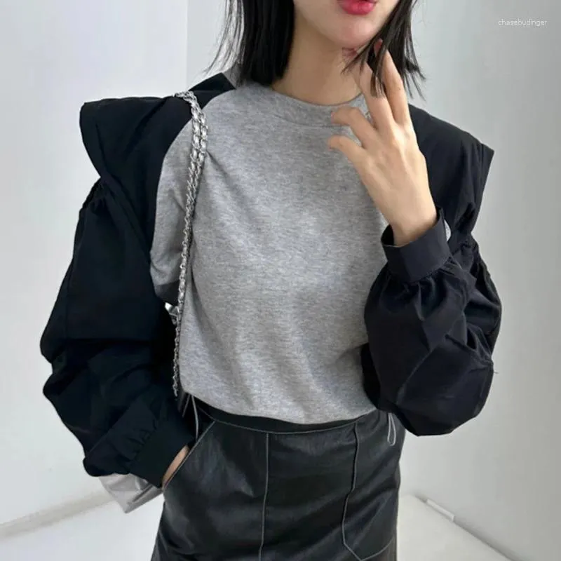 Hoodies femininos superaen estilo coreano outono e inverno o-pescoço contraste cor retalhos oco fora do ombro design solto camisolas