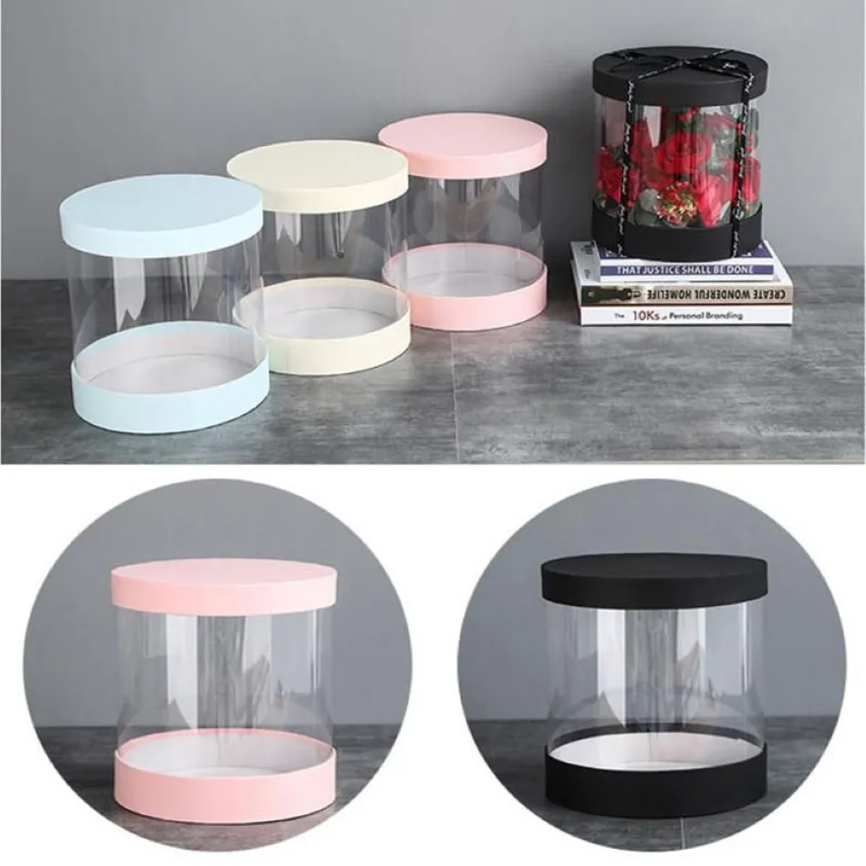 Round Flower Paper Boxes Hug Florist Flowers Bucket Transparent PVC Cake Gift Box Ladies Presents Paper Packing Case Lid Party293E