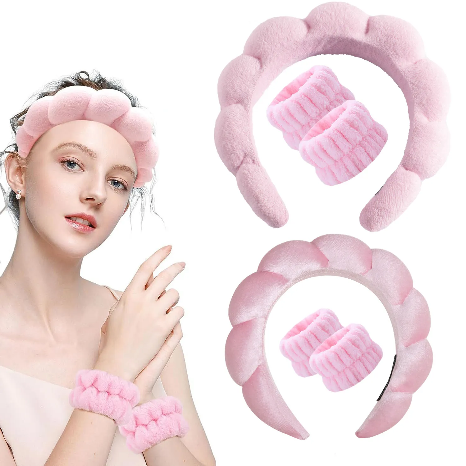 Set Fascia Per Capelli Spugna E Braccialetti Per Lavaggio Viso - Morbidi E Assorbenti Per Trattamenti Beauty E Makeup