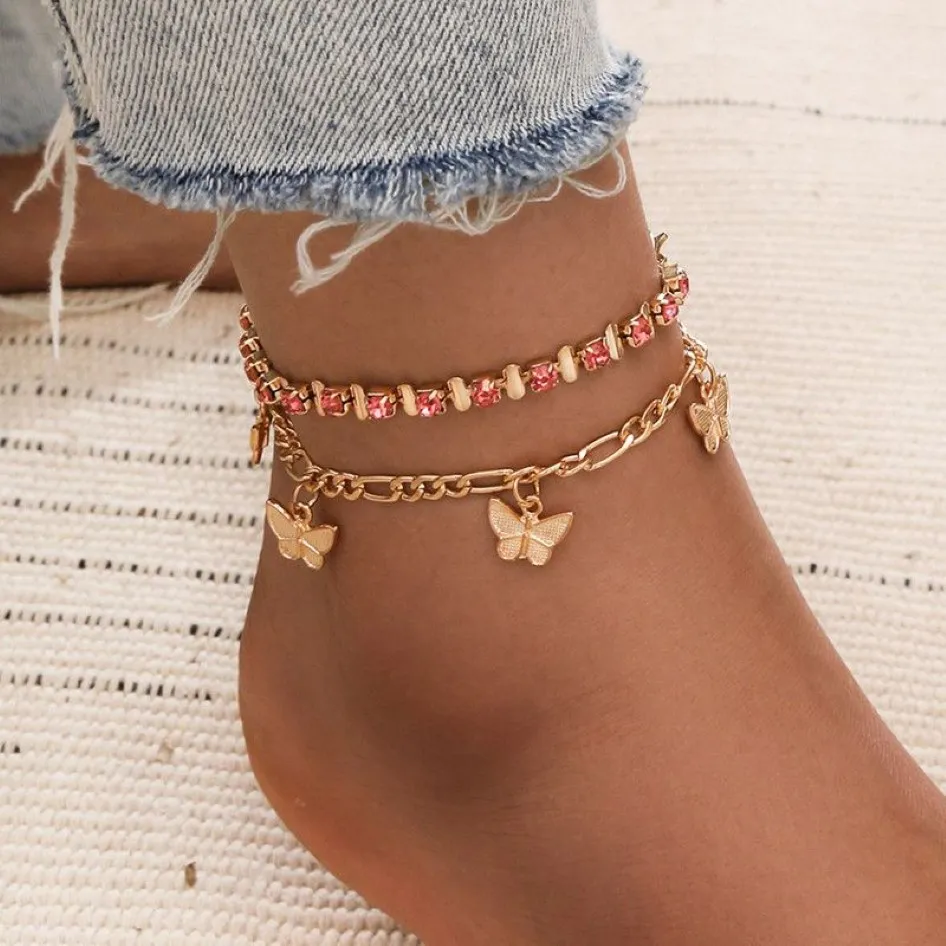 Set di 2 cavigliere con ciondolo a forma di farfalla in pietra di cristallo rosa per le donne, catena geometrica del piede, gioielli estivi, regali267A