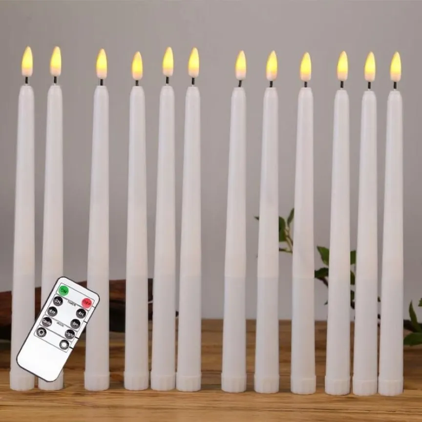 Velas 12pcs Amarelo Cintilação Remoto LED Velas Plástico Flameless Taper Velas Bougie para Jantar Party Decoration266a