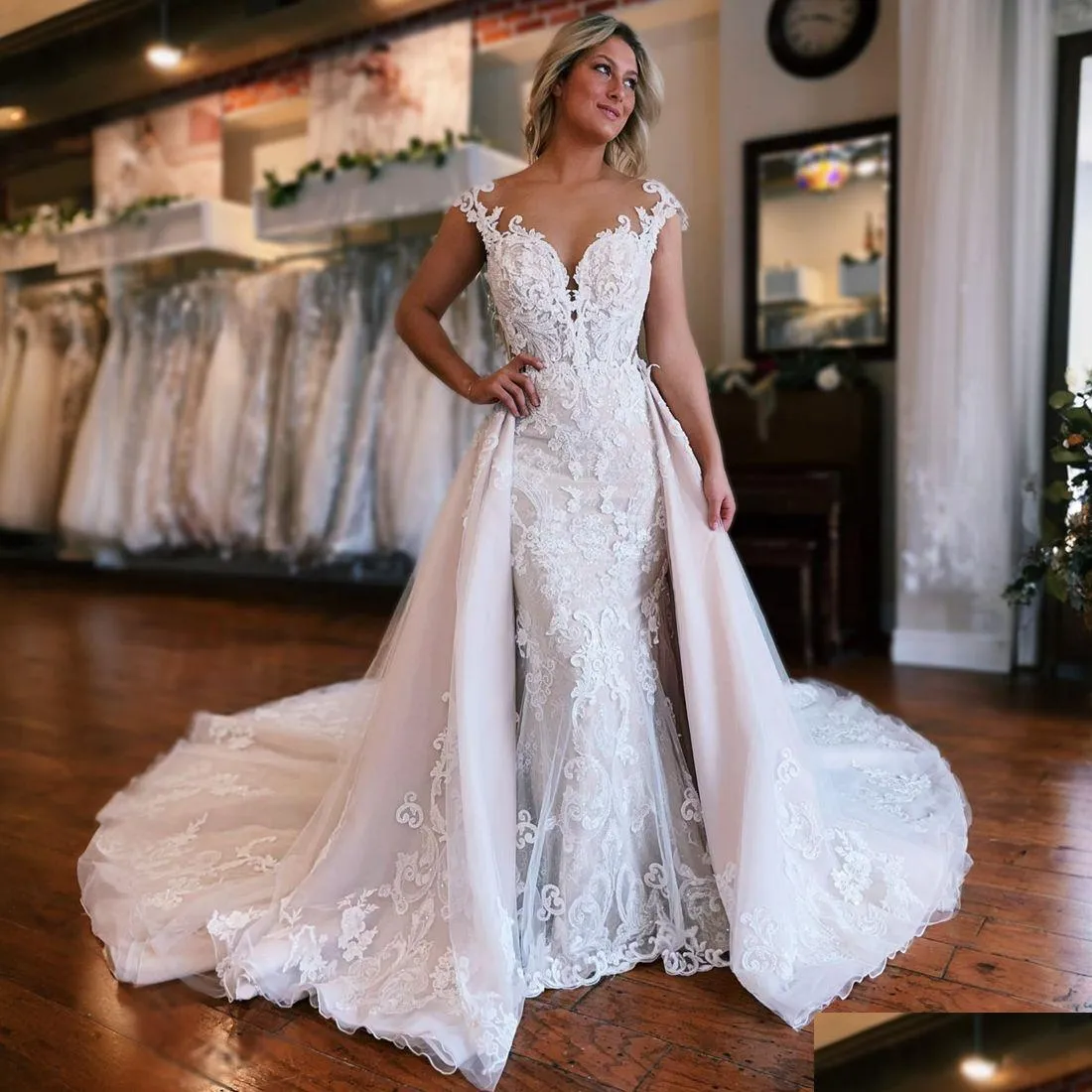 Abiti da sposa a sirena Abito di lusso per la sposa con strascico staccabile Collo trasparente maniche lunghe con perline Abiti da sposa in pizzo Matrimonio D Dhzb0