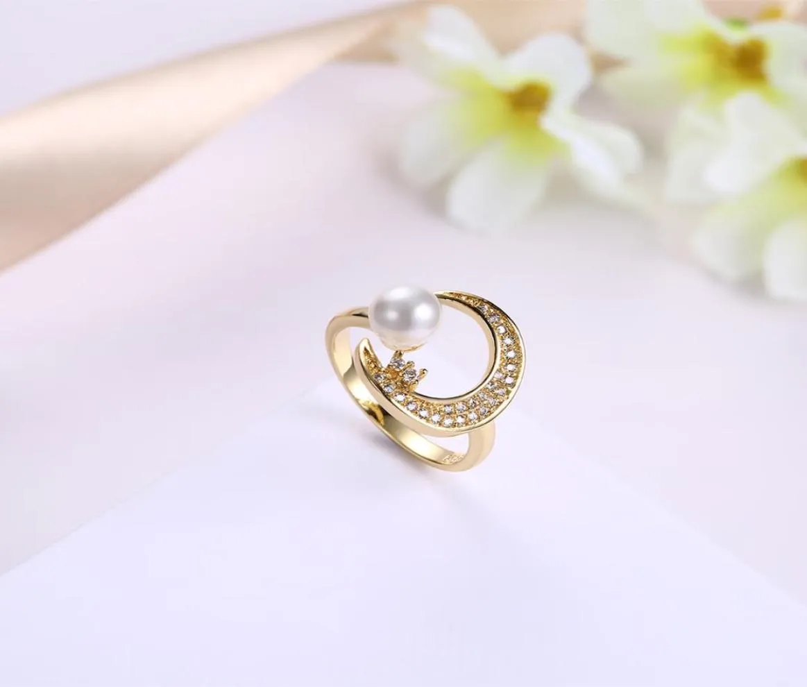 Luxe 18k massief geel goud maanvorm ring dame kristal parel ring bruid trouwring sieraden ringen voor vrouwen 9858827