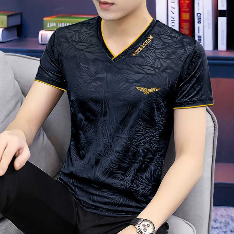 2024 Summer Ice Silk Quick Drying Cool Feel Embroidered Mens Short Sleeved T-shirt V-neck Casual Trendy Clothing