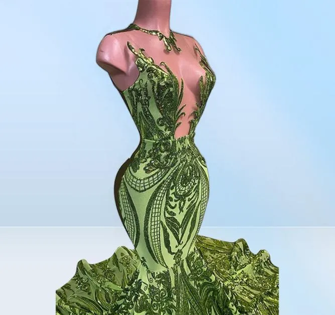 Sparkly Sequins Olive Green Mermaid African Prom Dresses Black Girls Jewel Neck Illusion Long Graduation Dress Plus Size Formal Sequined Evening Dress S11993