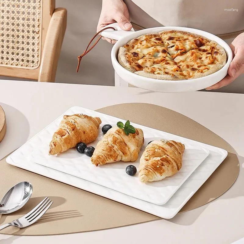 Plates White Ceramic Dinner Plate Cake Bread Rectangle Tray Baking With Handle Household Pizza Bakeware Tableware