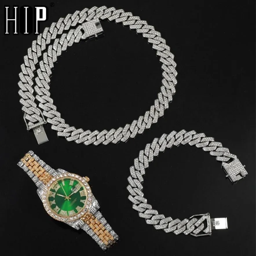 Hiphop 13 5mm 3st kit tung klocka prong kubansk halsband armband bling crystal ised ut strasskedjor för män smycken311o