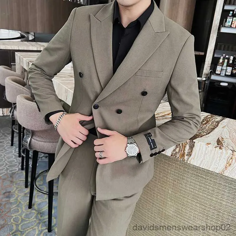 Męskie garnitury Blazery (Blazer + Pants) Brand Fashion Lap Collar Waffle Check Męskie garnitur Groom Dress Wedding Sukiena imprezowa