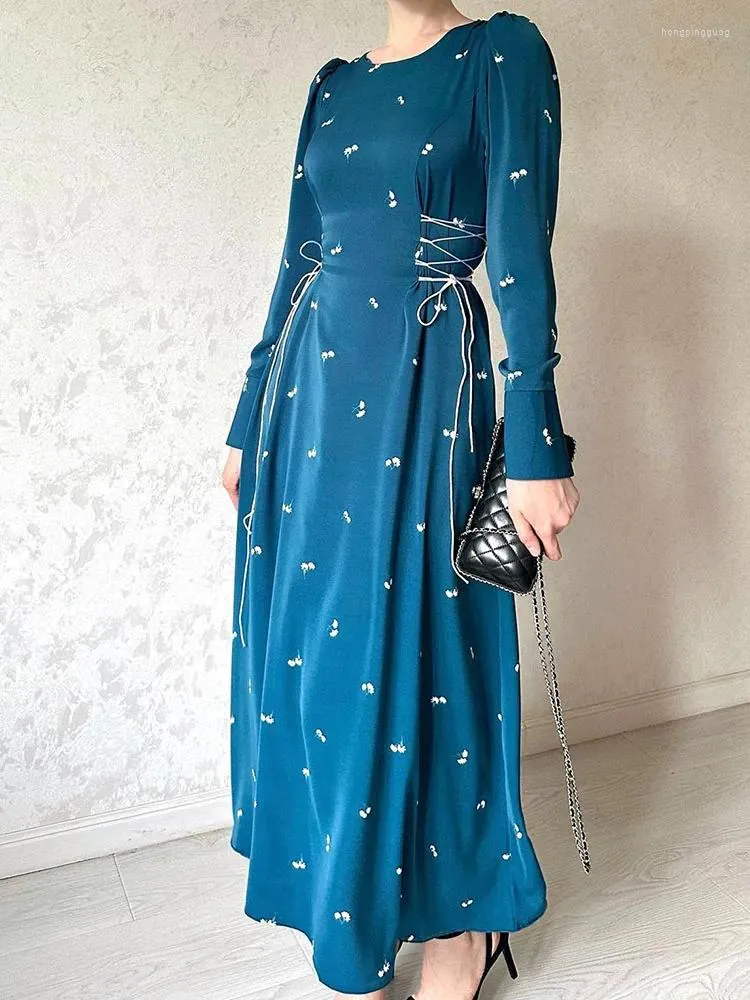 カジュアルドレスヴィンテージフローラルプリントドレス女性エレガントファッションアバヤイスラム教徒の長い女性秋シックな袖のレースアップスリムベスティドス