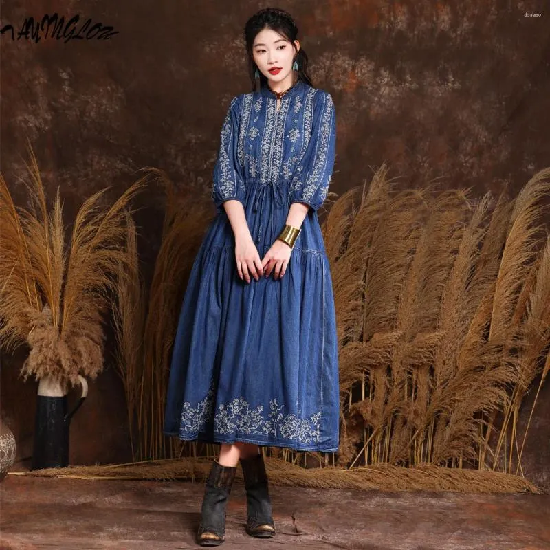 Casual Dresses Women Clothing 2024 Spring Female Vestidos Vintage Three Quarter Sleeved Denim Long Dress Brodery Draw String 82599