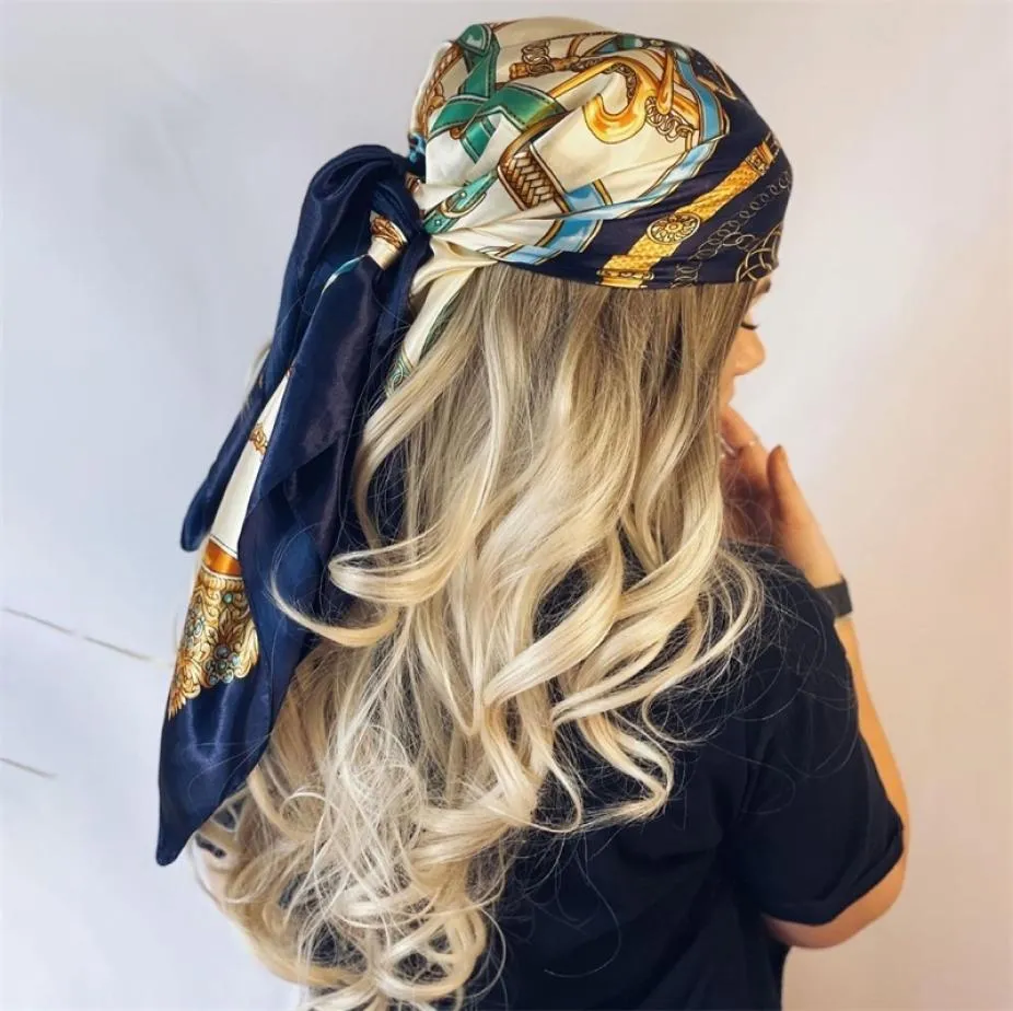 Silk Scarf Luxury Brand Headscarf Women Square 9090cm Satin Foulard En Soie Bandana Cheveux Soft Neckerchief Hijab Hair Scarves6438333