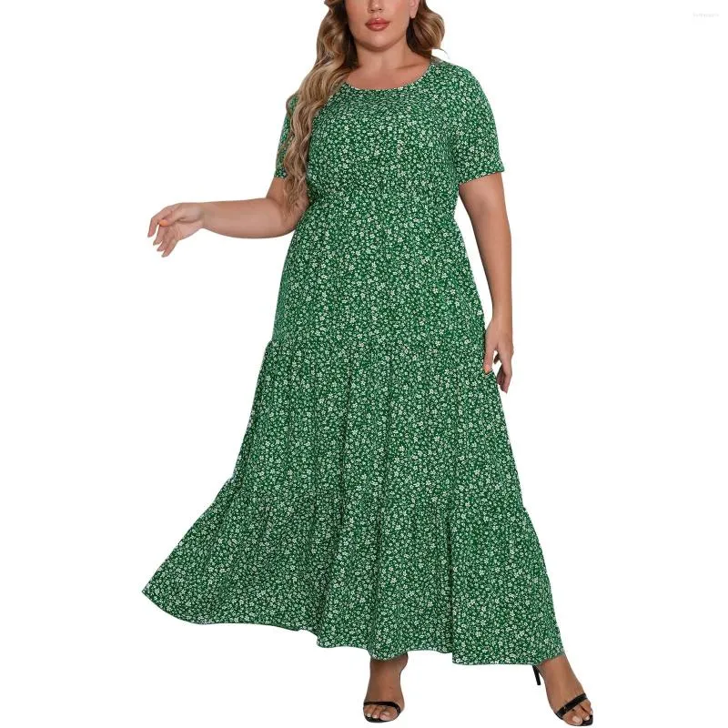 Robes décontractées Plus Taille 5XL Femmes Summer Maxi Robe Vintage Floral Manches courtes Bohemian Beach Sundress Holiday Party A Line Robe