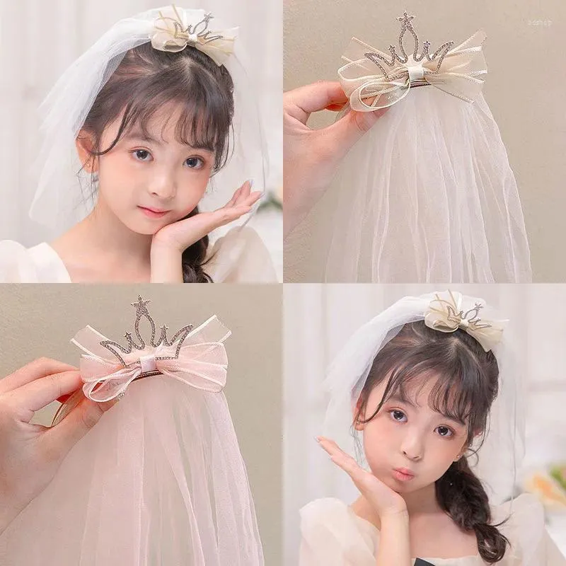 Hair Accessories Solid Color Gauze Princess Crown Long Ribbon Clips For Girl Children Cute Kawaii Fairy Take Pos Hairpin Fashion Headwear