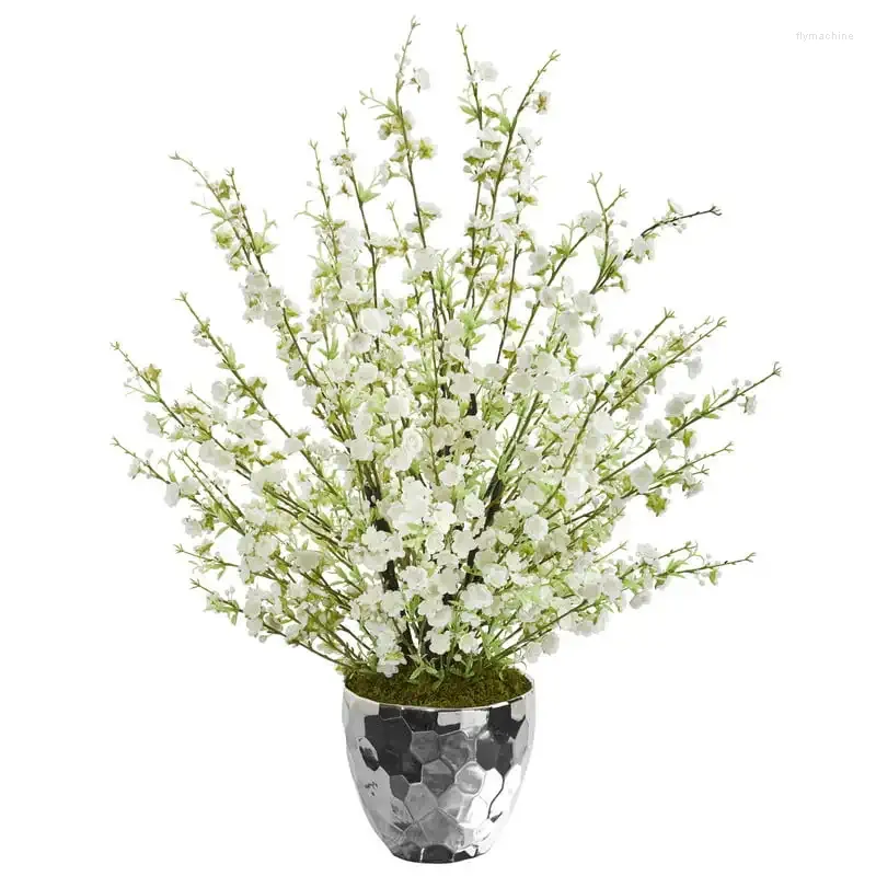 Decorative Flowers Artificial Arrangement In Silver Bowl White