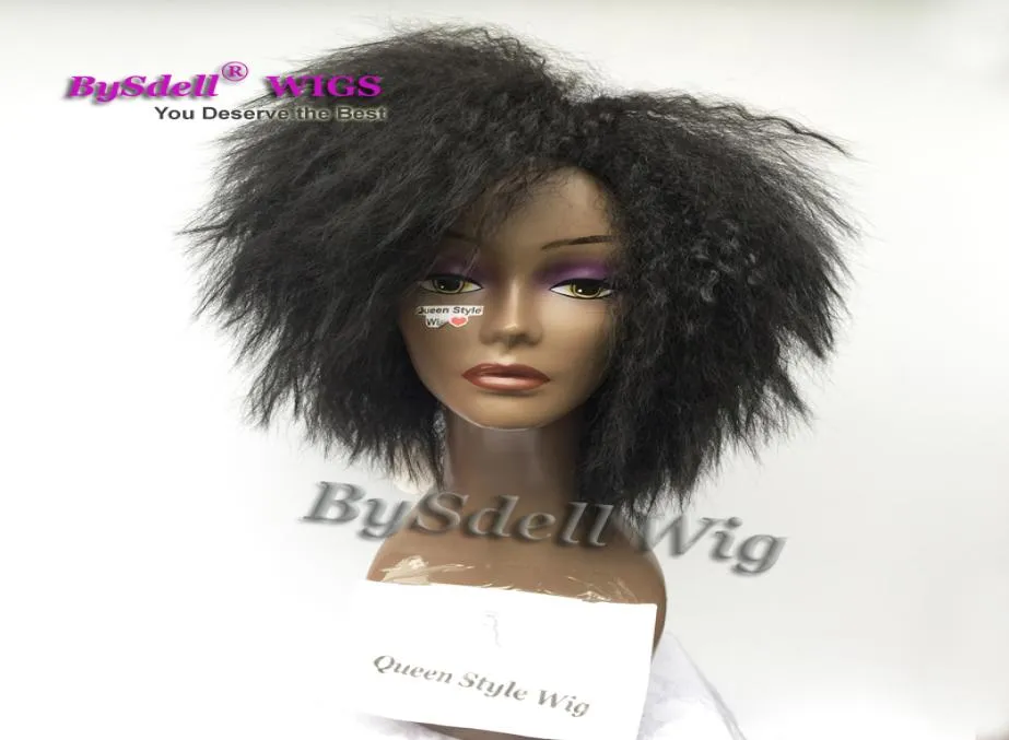 African American Black Woman Short Afro Frizzy kinky Straight Hair Wigs Synthetic Heat Resistant Black Red Brown Color Hair Natur9090604