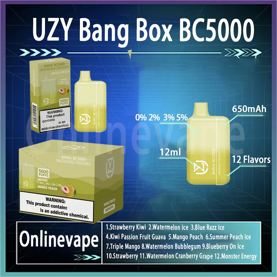 100% Original UZY Bang Bc 5000 Puff Disposable Electronic Cigarette Device Kit 650mAh Rechargeable Battery Pre charged 12ml Electronic Cigarette Juice Bc 5K Puff