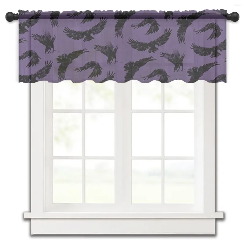 Rideau Halloween coton Texture corbeau violet court transparent fenêtre Tulle rideaux pour cuisine chambre décor à la maison petits rideaux de Voile