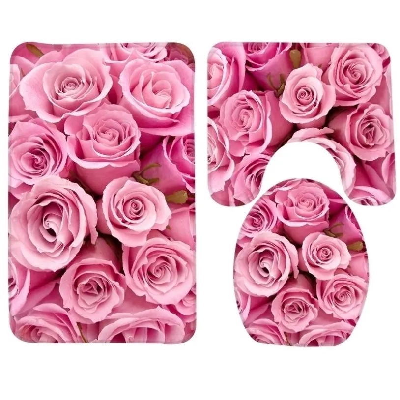 3pcs Set Pink Roses Pattern Bath Anti Slip Shower and Toilet Mat Bathroom Products 201211204s