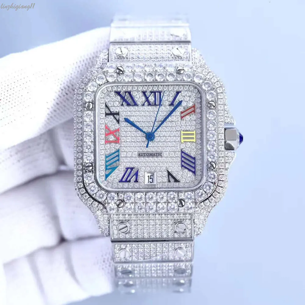 Nowa wersja Moissanite Diamonds Watch Watch Rose Gold Srebrne szkieletowe zegarki Srebrne Szkielety Pasuje Test Kwarc Ruch Top Men Luksusowe pełne mrożone zegarki Sapphire z pudełkiem