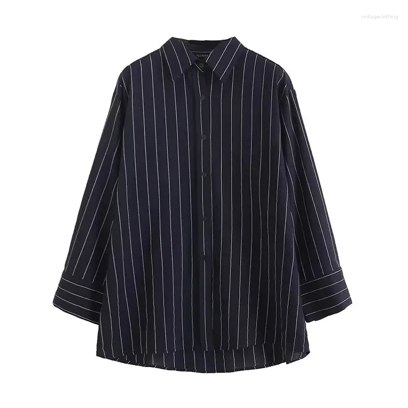 Kvinnors blusar 2024 Summer Navy Blue Linen Striped Shirt Lapel Långärmad enkelbröstad lös pendling All-Match Tops