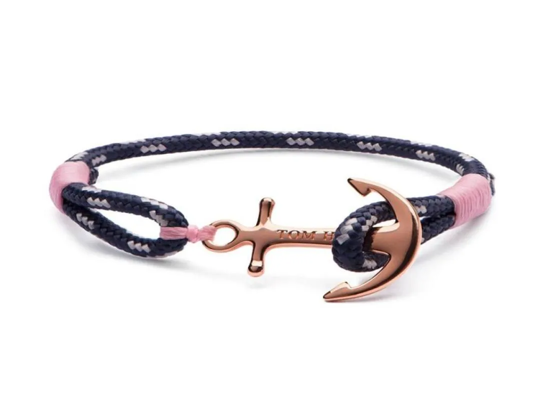 Bracelet Tom Hope en acier inoxydable, 4 tailles, ancre en or rose, bracelet en corde à fil rose avec boîte et étiquette TH1363301762789622