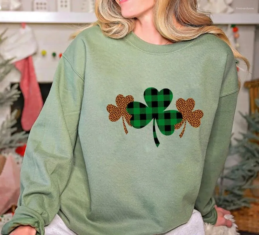 Kvinnors hoodies leopard shamrock tröja st patricks dag tröjor lyckliga klöver tröjor kvinnor mode bomull casual vintage topp