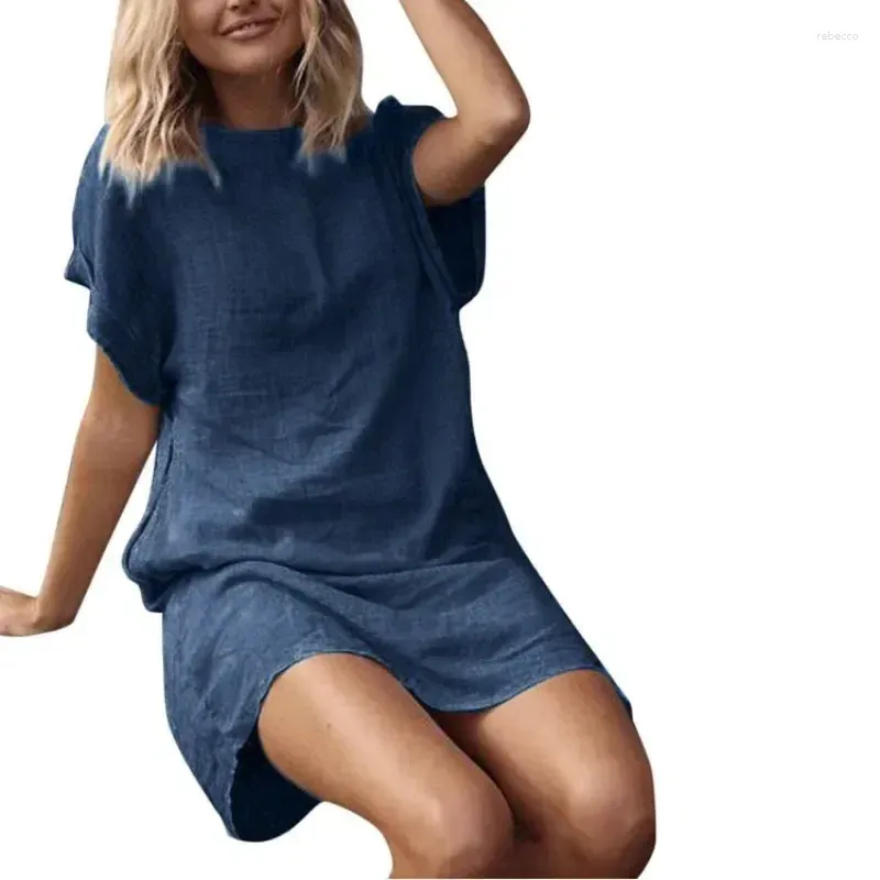 Casual Dresses S-5XL Loose O-neck Short Dress Causal Woman Summer Linen Blending Party Beach Club Travel Shopping Wear